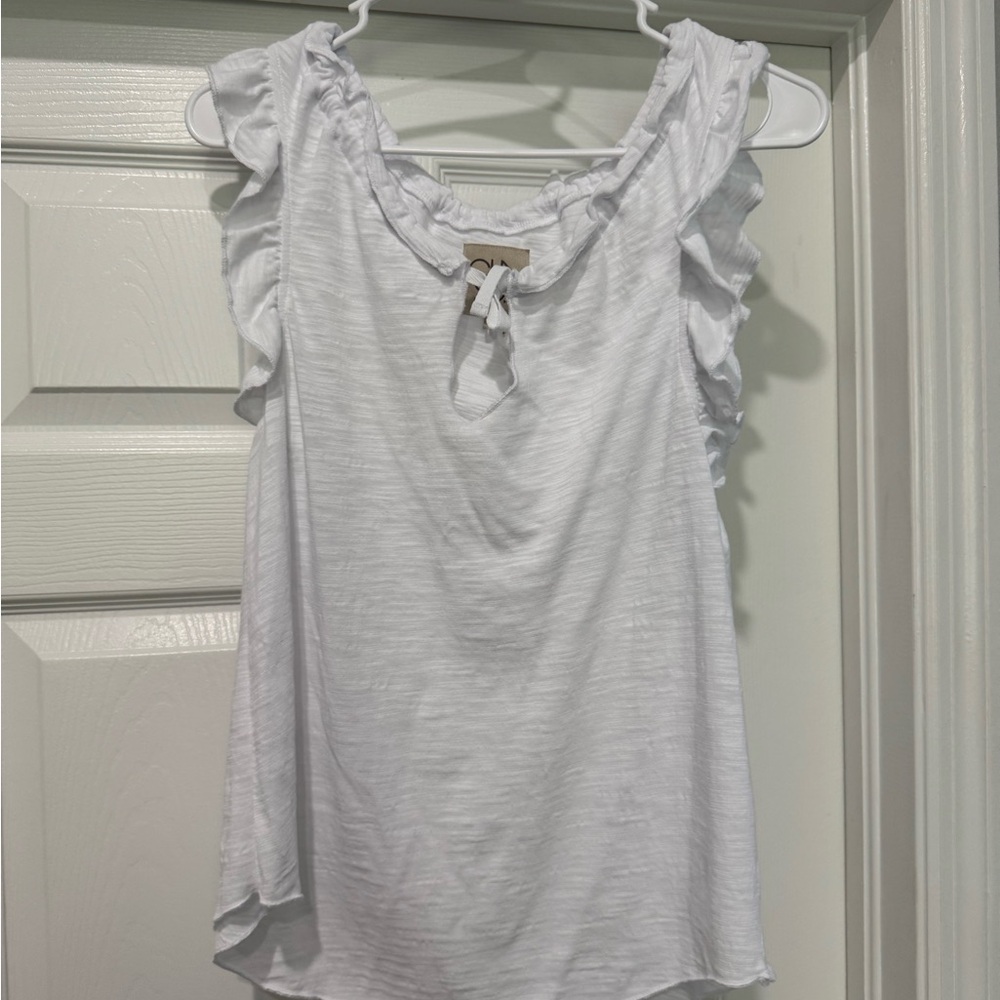 Chaser White Flutter Sleeve Ruffled Blouse